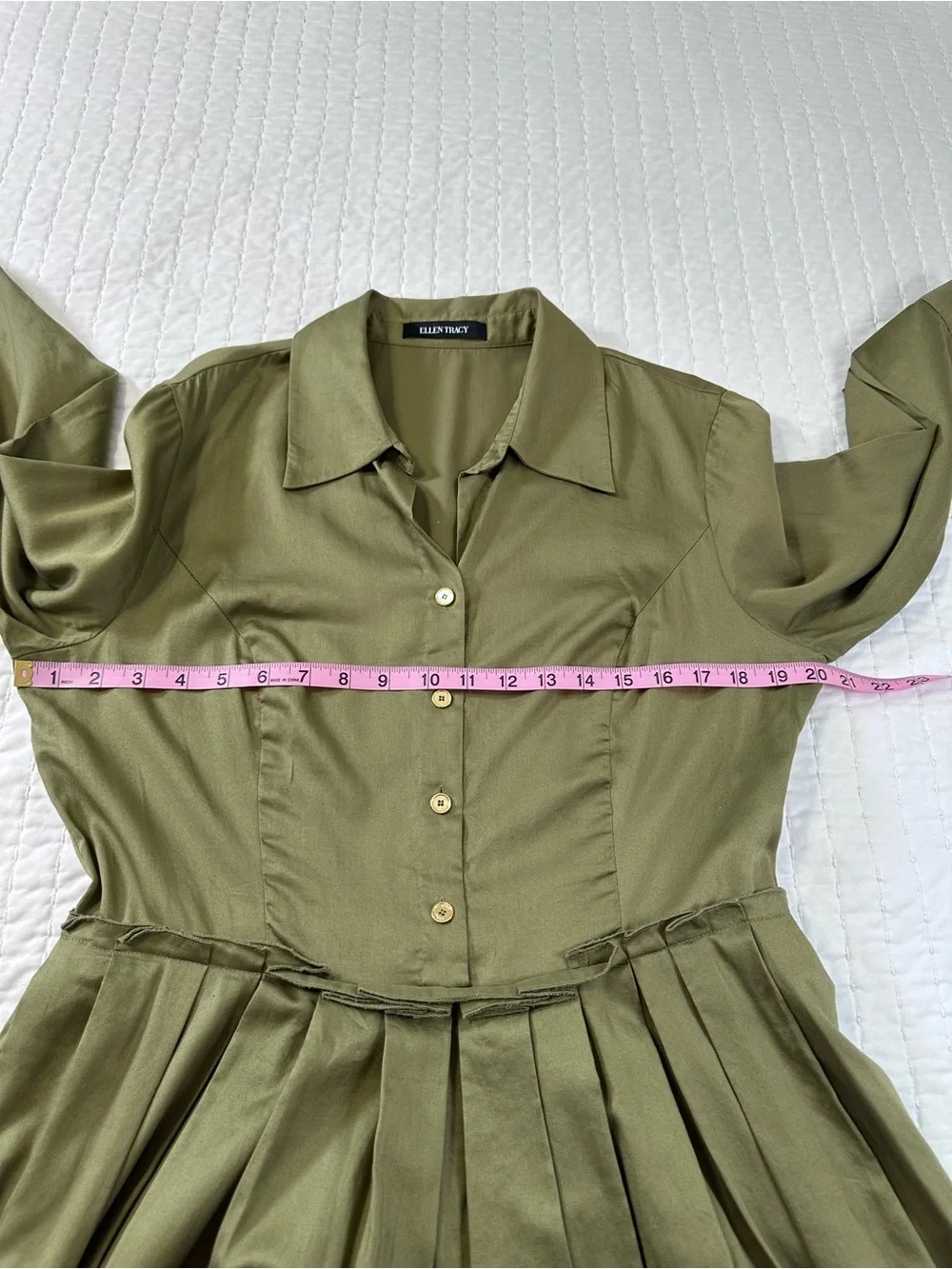 Ellen Tracy 100% Cotton Green Olive  Dress with Pleated Midi Skirt Gold Button